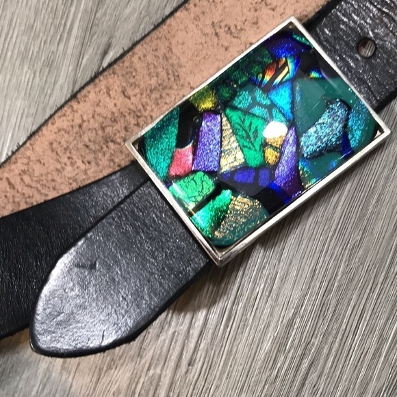 Dichroic Glass Belt Buckle on Black Heavy Duty Black‎ Leather Belt size L/XL main image 4